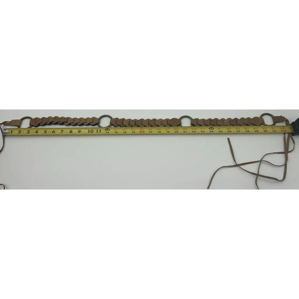 Vintage Boho Brown Braided Leather Link O-Ring Waist Belt Long Fringe Tassels